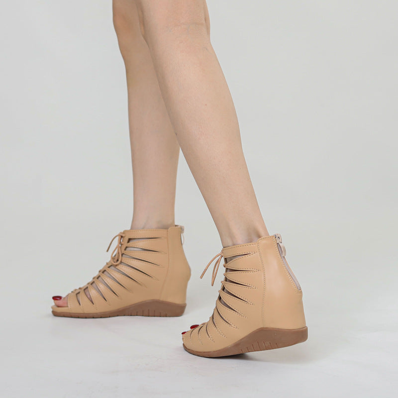 Roman style wedge sandals black PU leather 4 cm heel