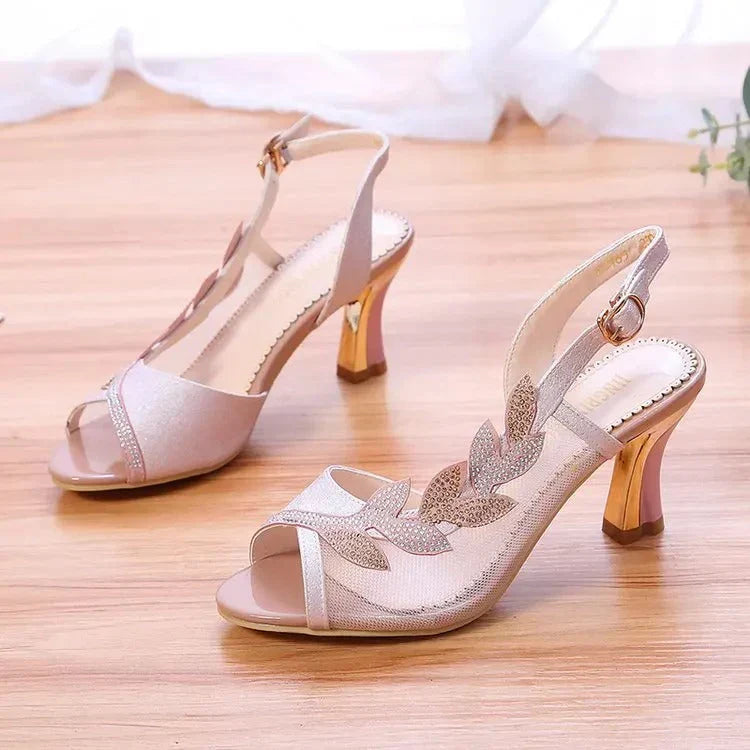 Elegant Slingback Heeled Shoes Open Toe Glitter Mesh