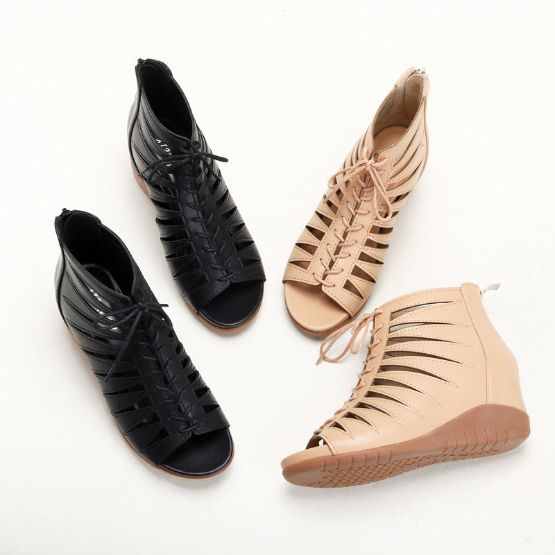 Roman style wedge sandals black PU leather 4 cm heel