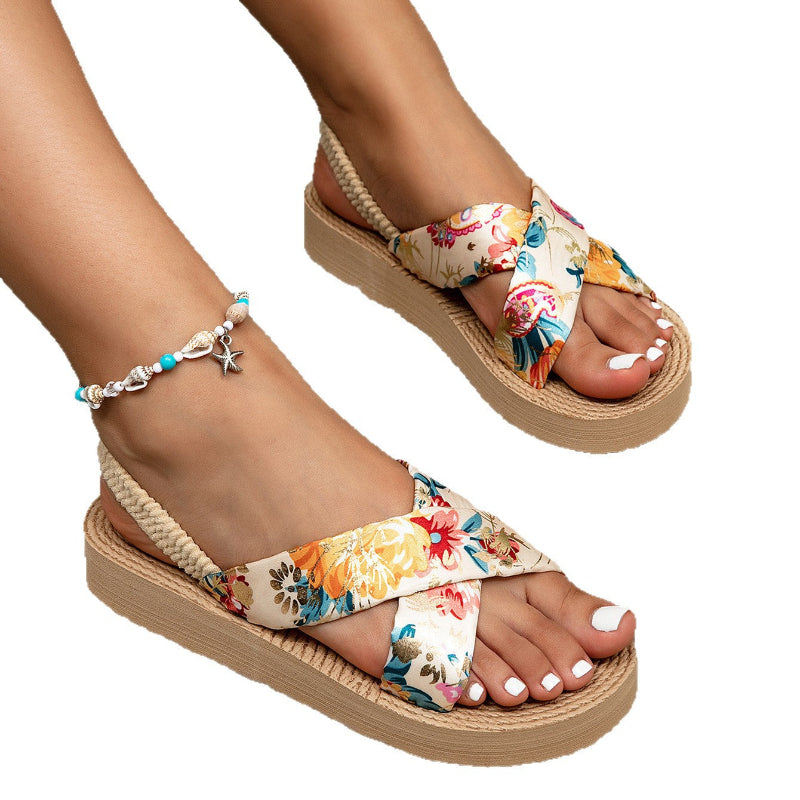 Women's Floral Cross Strap Sandals Comfortable Airy Black