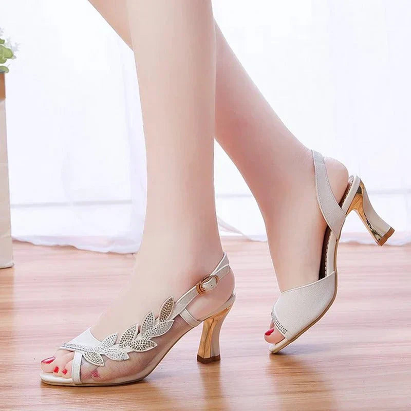 Elegant Slingback Heeled Shoes Open Toe Glitter Mesh