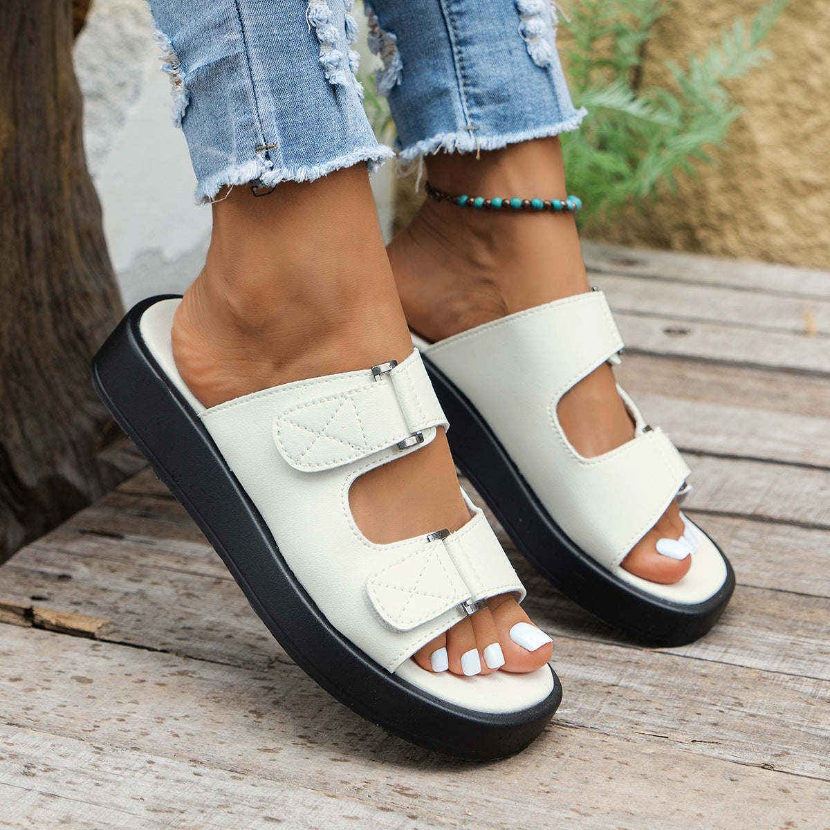 Damen Klettverschluss Sandalen Mit Plattform Sohle