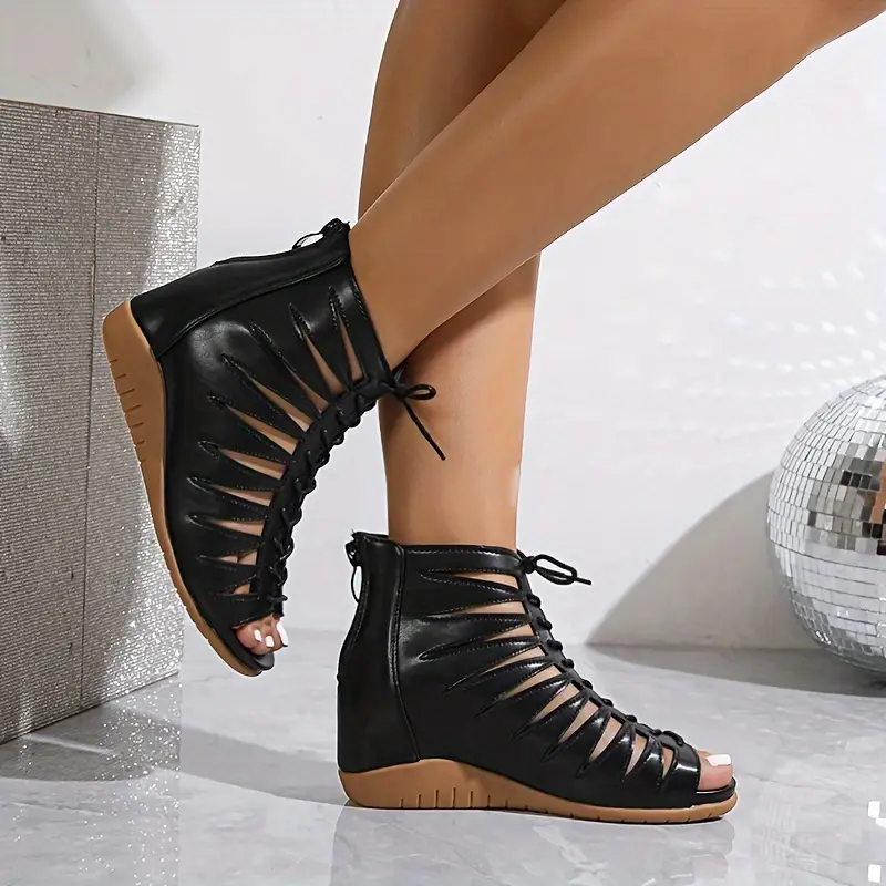 Roman style wedge sandals black PU leather 4 cm heel