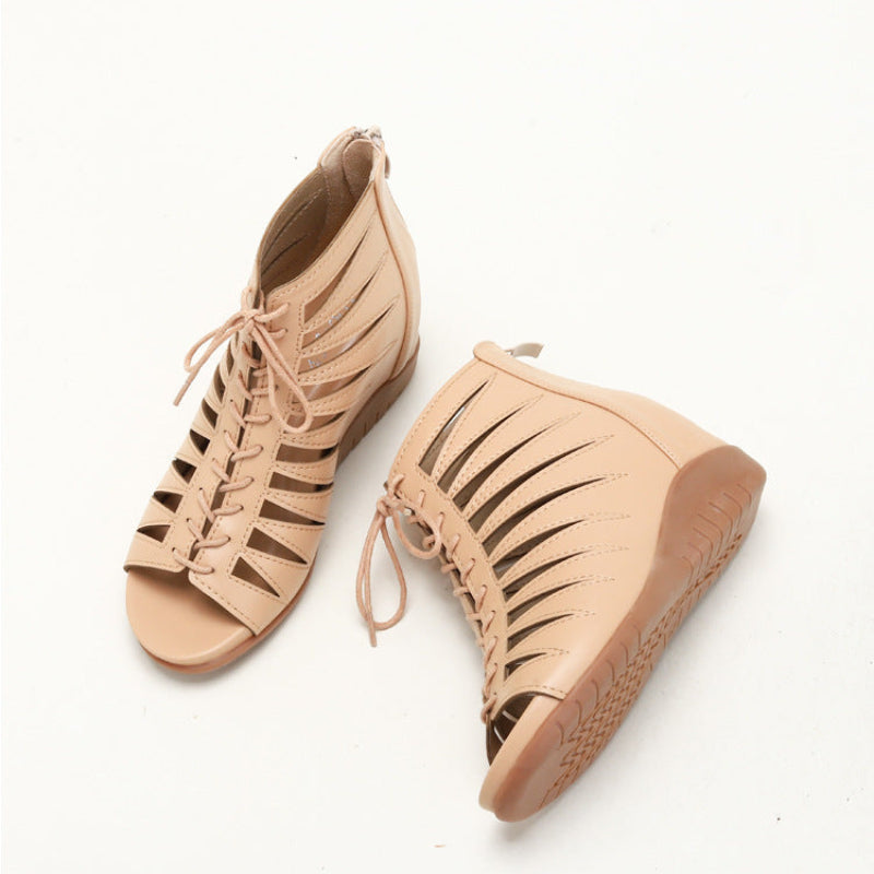 Roman style wedge sandals black PU leather 4 cm heel