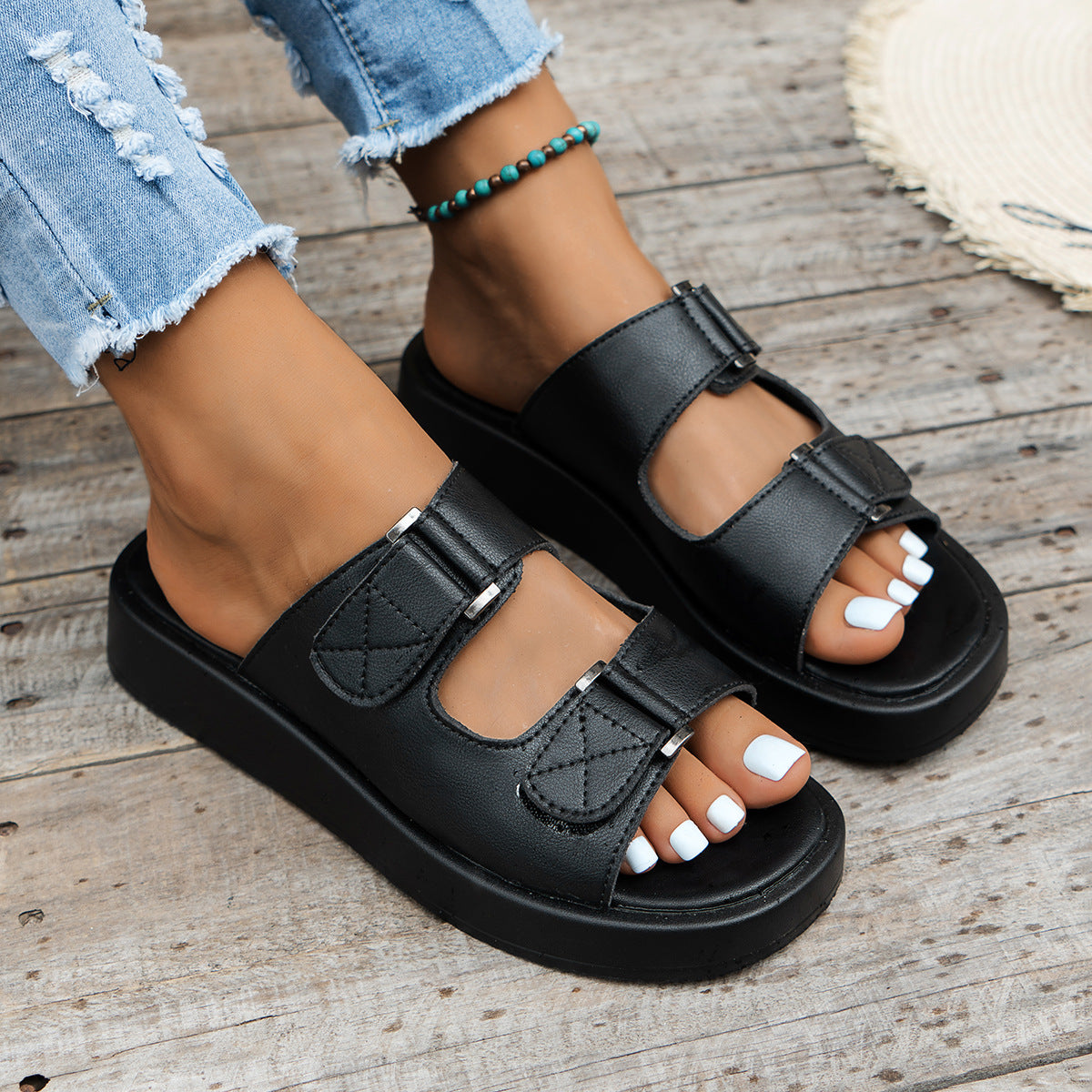 Damen Klettverschluss Sandalen Mit Plattform Sohle