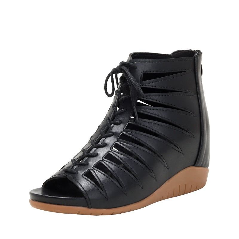 Roman style wedge sandals black PU leather 4 cm heel