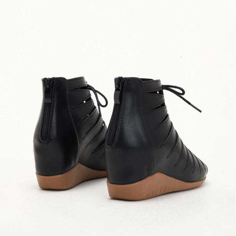 Roman style wedge sandals black PU leather 4 cm heel