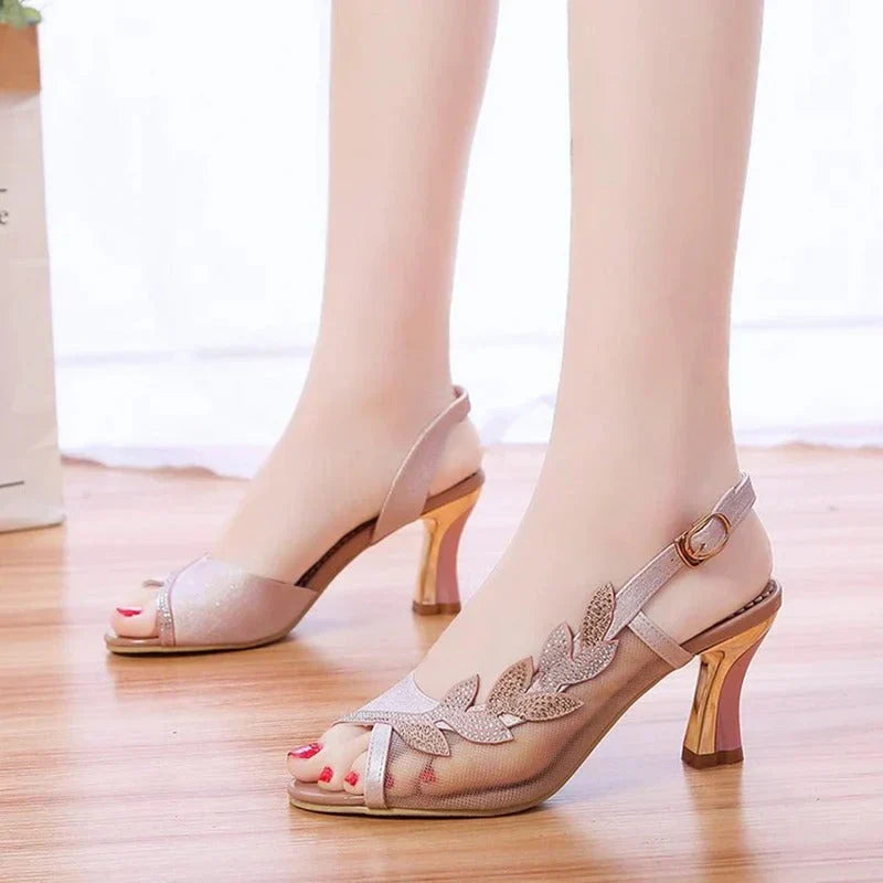 Elegant Slingback Heeled Shoes Open Toe Glitter Mesh