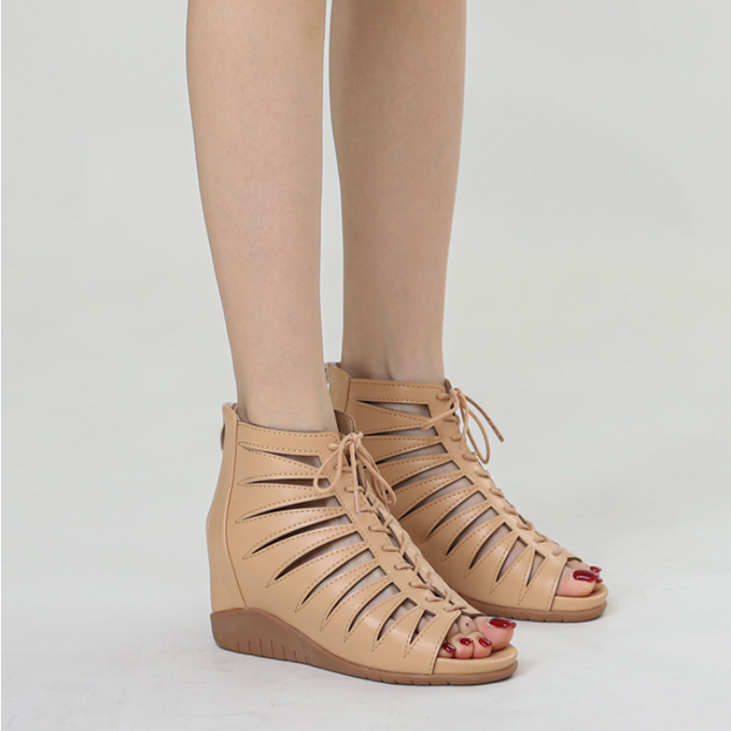 Roman style wedge sandals black PU leather 4 cm heel