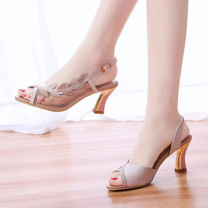 Elegant Slingback Heeled Shoes Open Toe Glitter Mesh