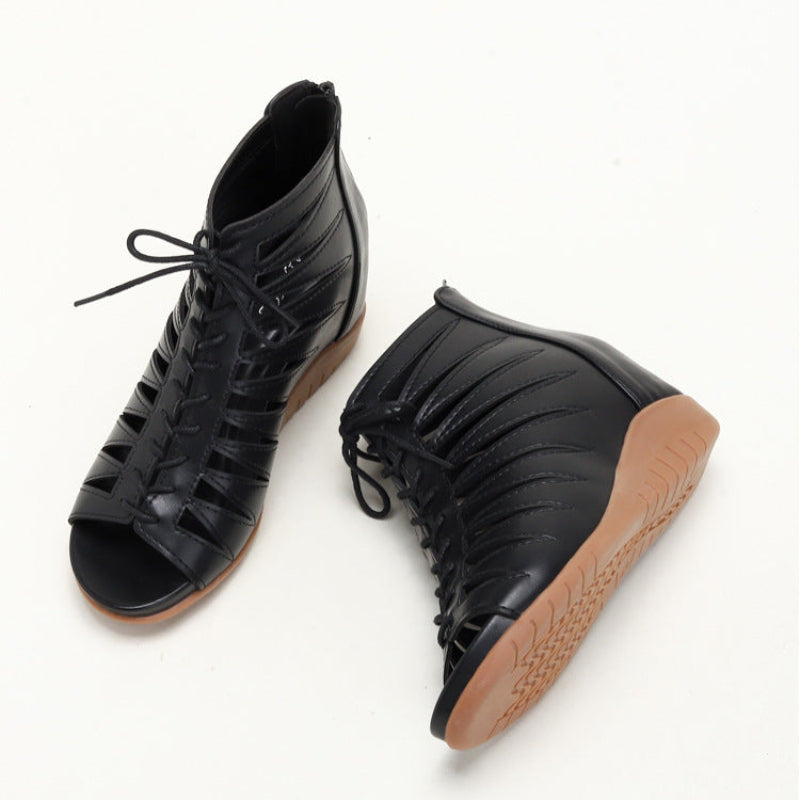 Roman style wedge sandals black PU leather 4 cm heel
