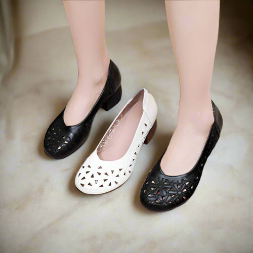 Comfortable women's leather pumps with small square heel and round toe