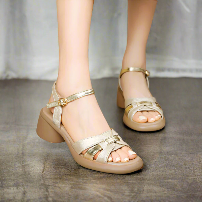 Cowhide Sandals Low Heel Buckle Elegant Comfortable