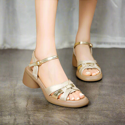 Cowhide Sandals Low Heel Buckle Elegant Comfortable