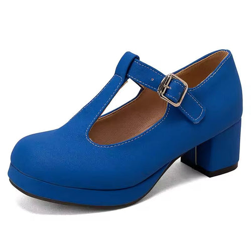 T-strap pumps platform plus sizes blue with buckle