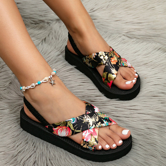 Women's Floral Cross Strap Sandals Comfortable Airy Black