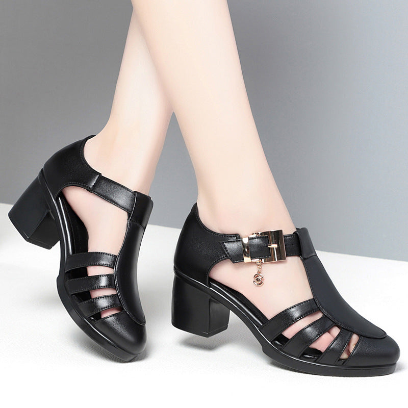 Women's 6 cm block heel sandals with straps, black