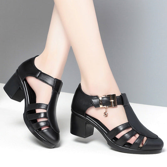 Women's 6 cm block heel sandals with straps, black