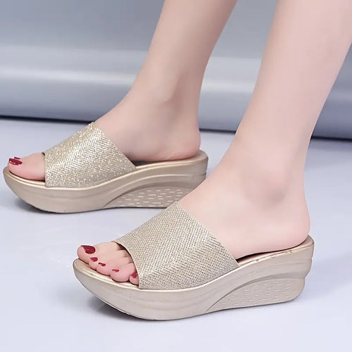 Women's Wedge Heel Sandals Beige Shiny Finish Comfortable
